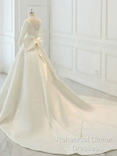White Satin Backless 3/4 Sleeve Wedding Dress Party Semi Formal Prom Dresses